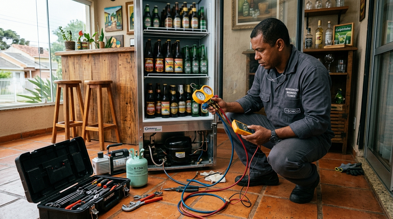 Técnico conferindo a temperatura de uma cervejeira durante atendimento na Zona Sul de São Paulo‑SP